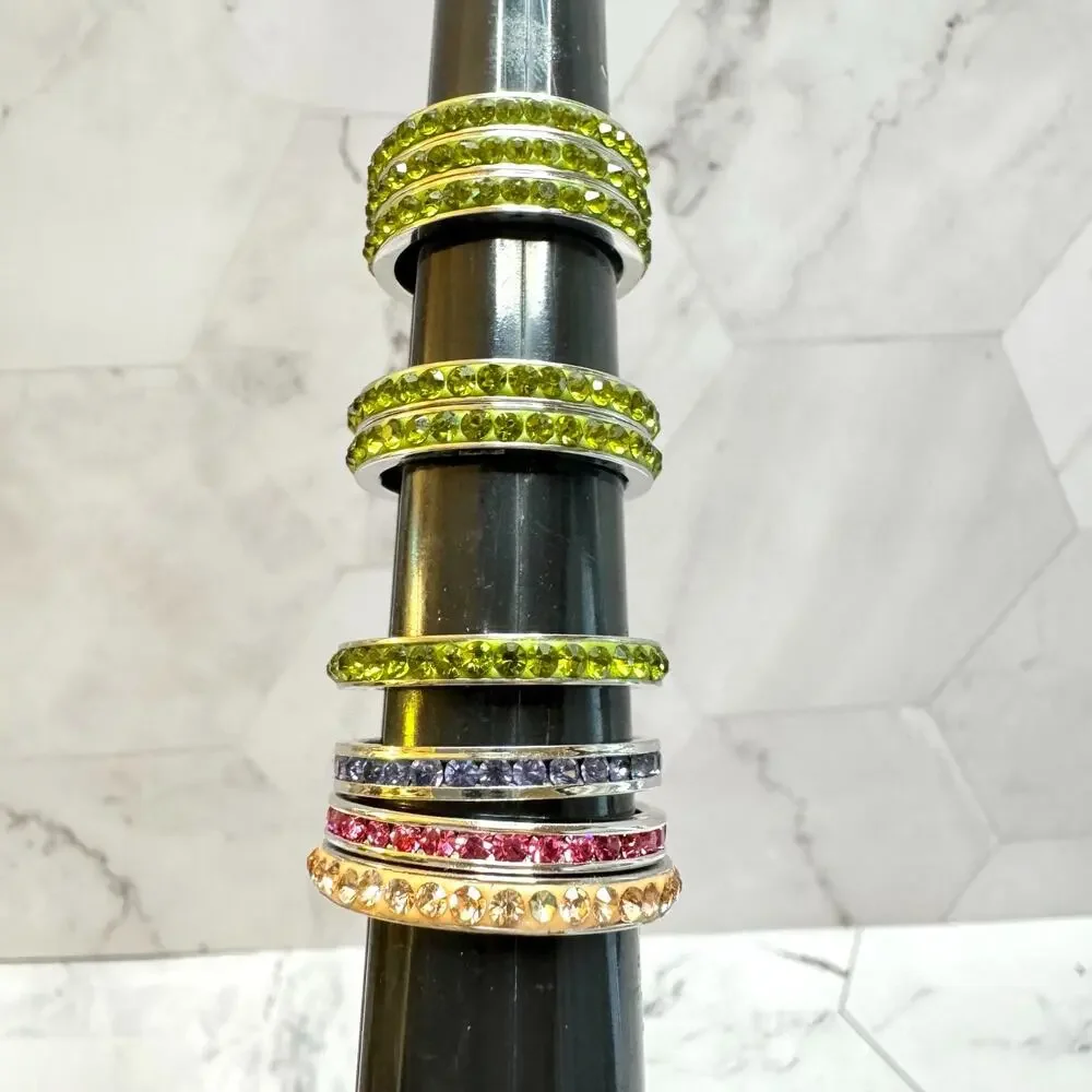 Lot of 9 Crystal Eternity Bands Green Lavender Pink Stacking Channel Set Various